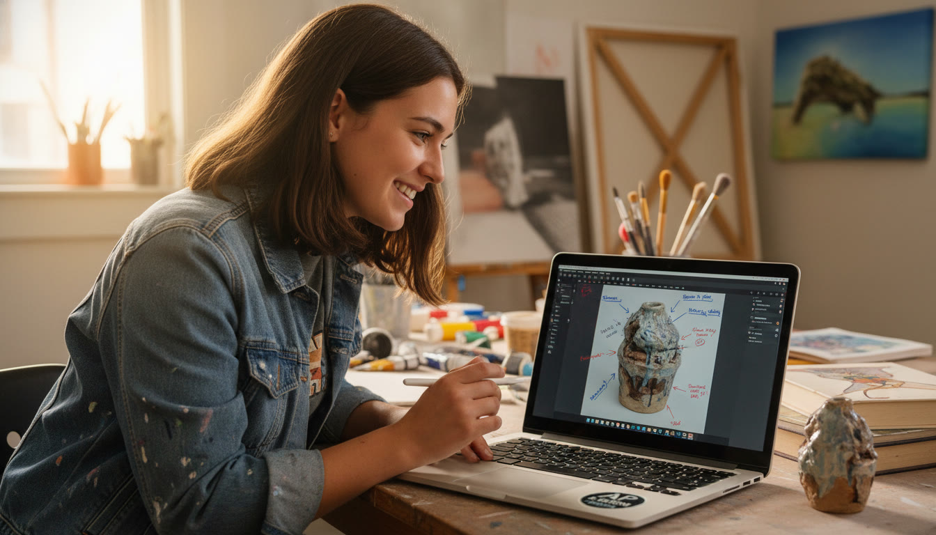 Photo Idea : Close-up of a student annotating a photographed piece of artwork on a laptop — shows the final step of documenting progress for AP submissions and portfolio review.