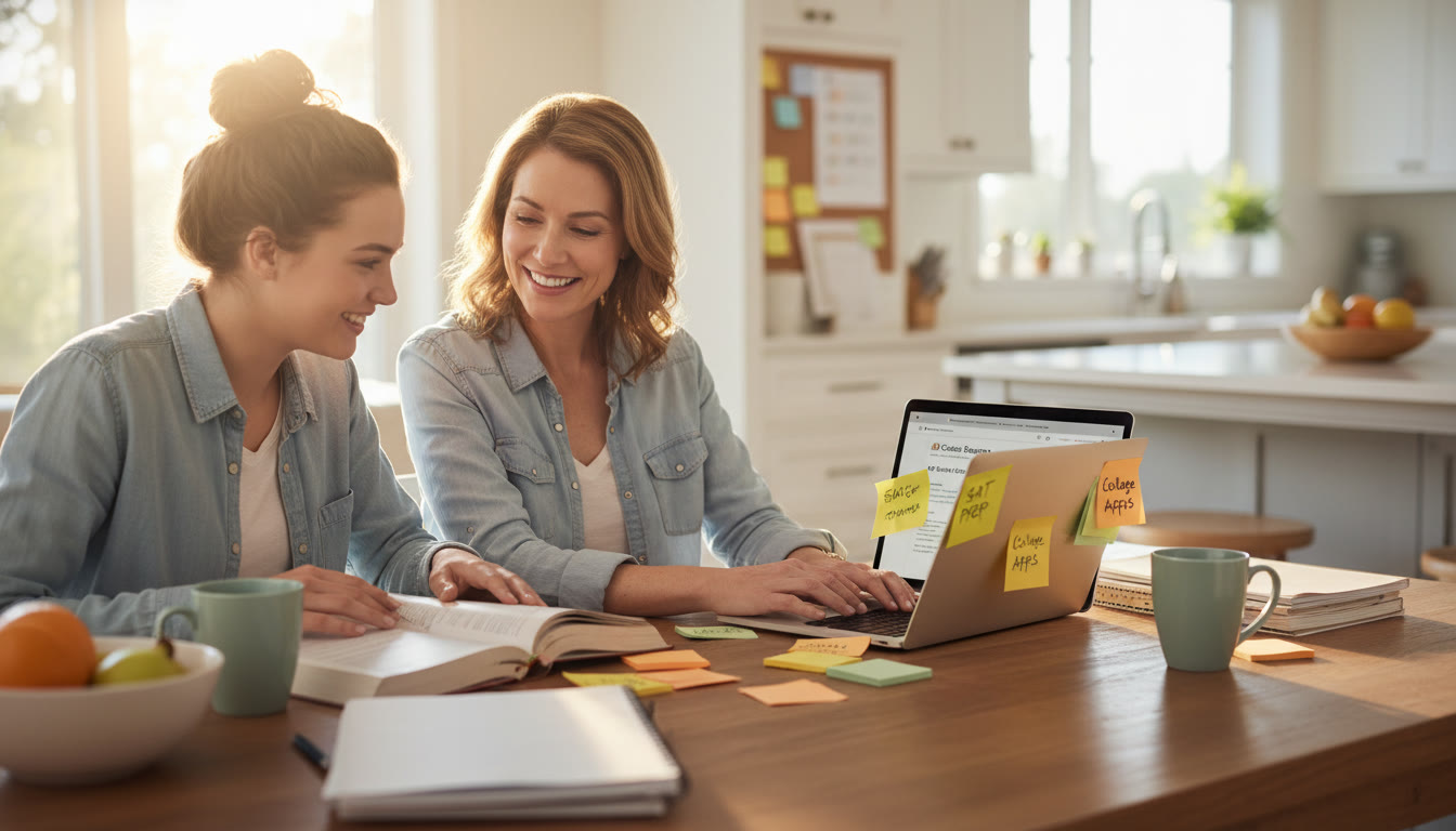 Photo Idea : A bright, warm photo of a parent and teen at a kitchen table with open textbooks, a laptop, and sticky notes—signifying collaborative planning for high school and college.