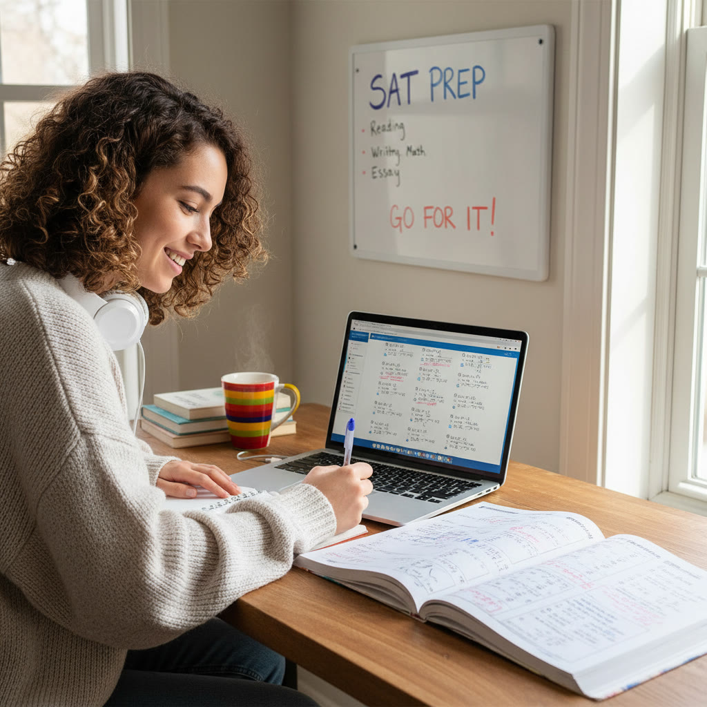 Student at a desk with a laptop and an SAT practice booklet, focused and making notes — image idea to show test prep in action.