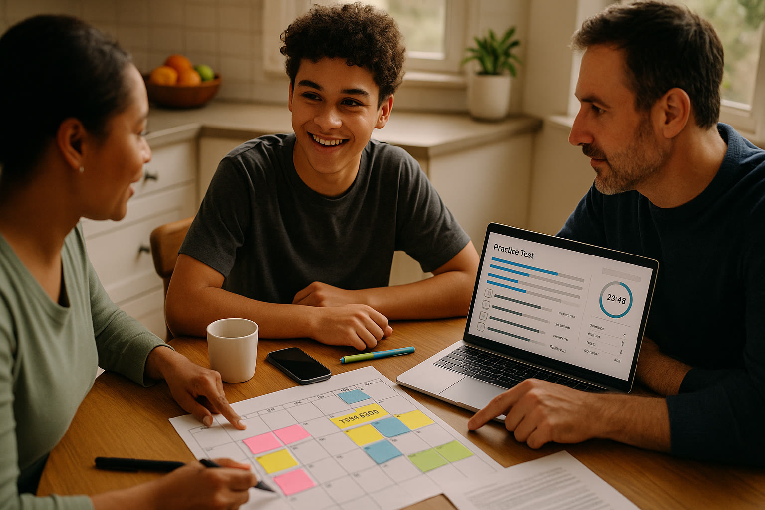 Photo Idea : Family planning session around the kitchen table with a shared calendar, colorful sticky notes marking test prep blocks, a laptop showing a practice test dashboard, and a teen smiling—conveys collaborative planning and calm structure.