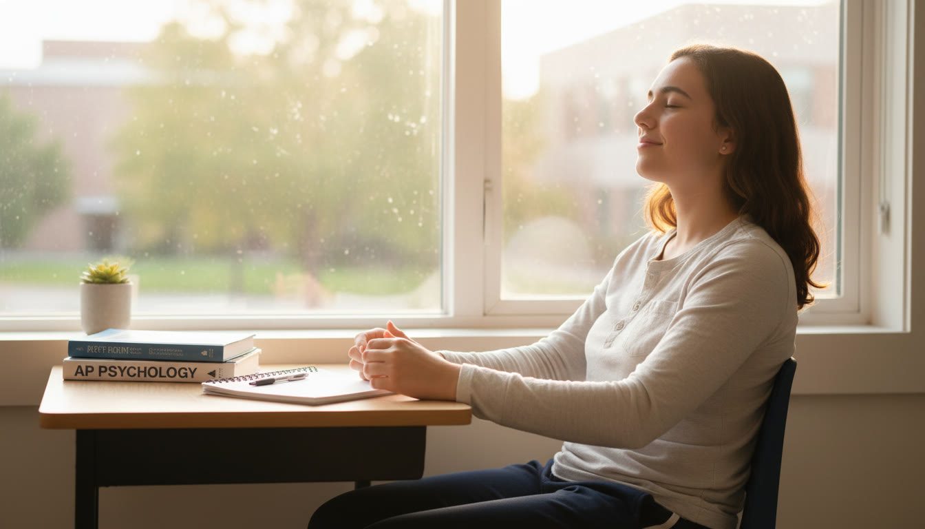 Photo Idea : A calm student sitting at a small desk near a window, eyes closed and hands resting on the lap, practicing slow diaphragmatic breathing with a gentle morning light streaming in.