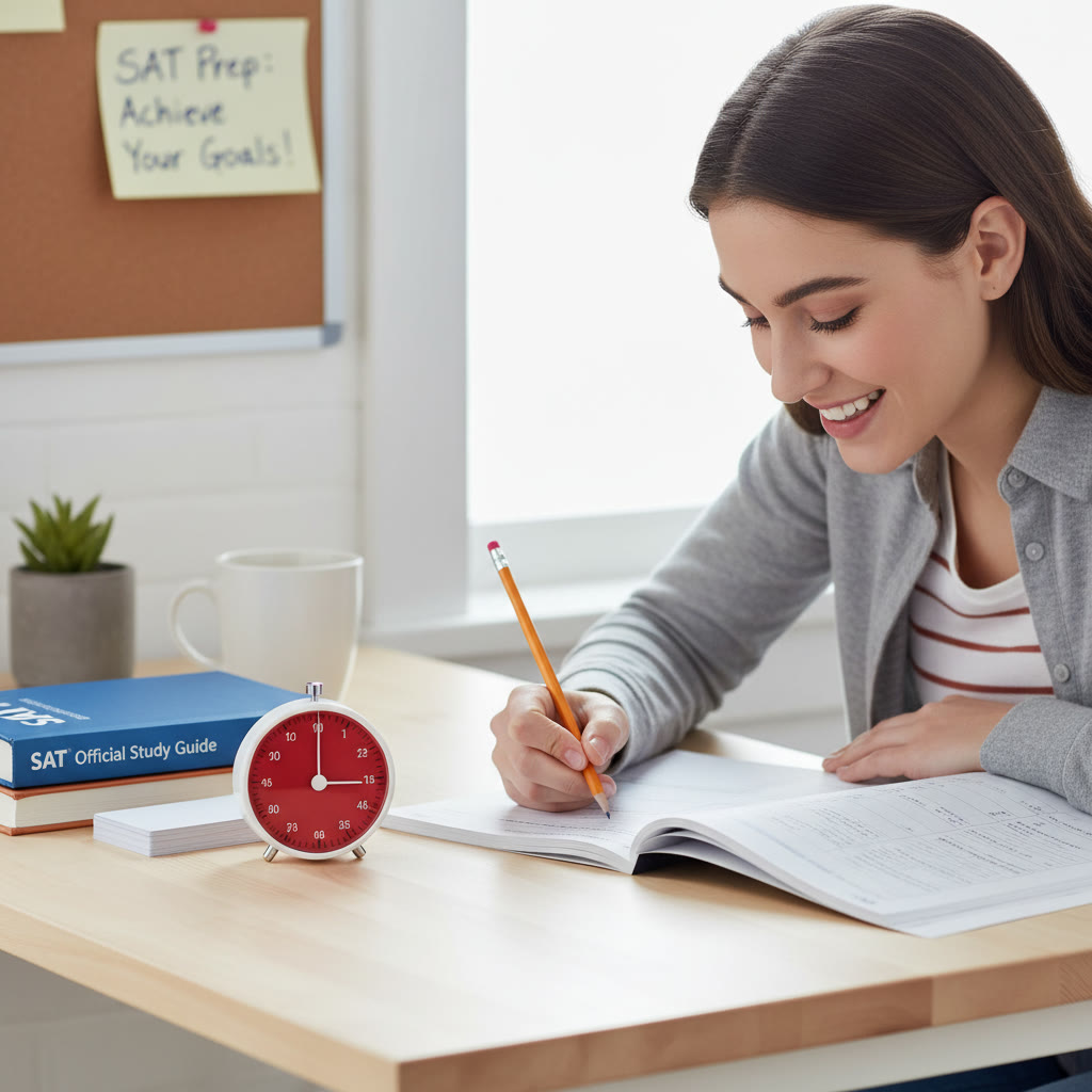 Student at a tidy desk with a Pomodoro timer and practice booklet — close-up of focused study setup