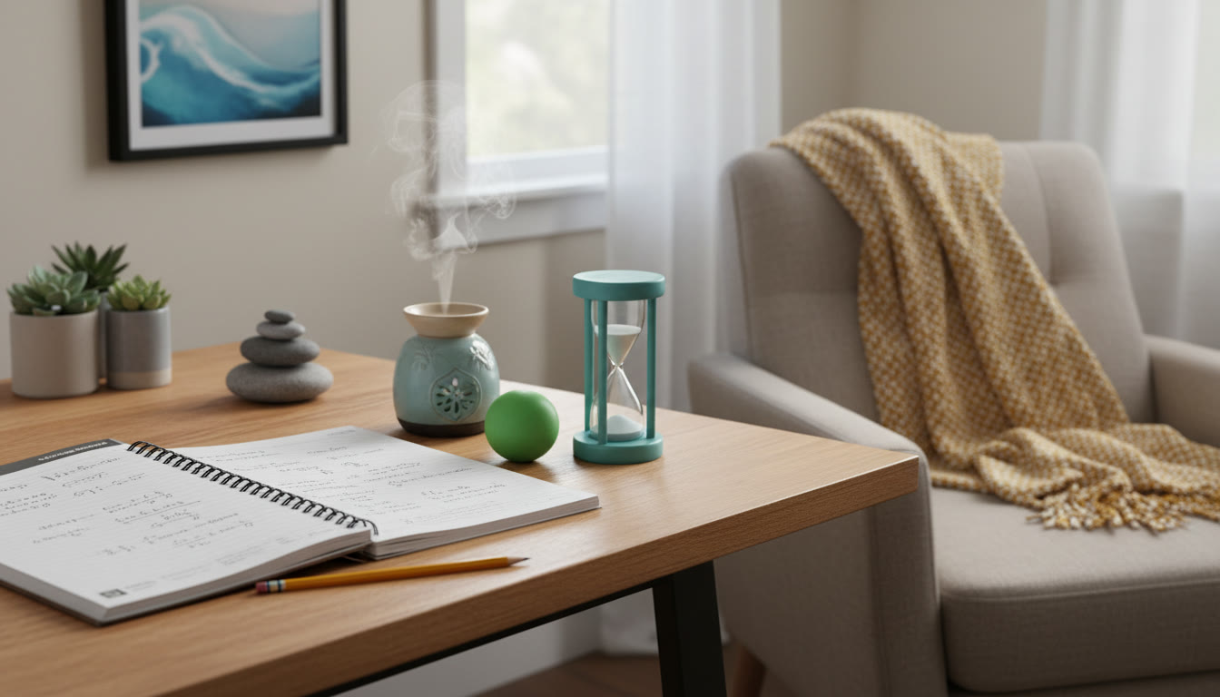 Photo Idea : A tidy study corner with a notebook, pencil, and a small timer—visualizing a 20-minute study block and breath practice setup.