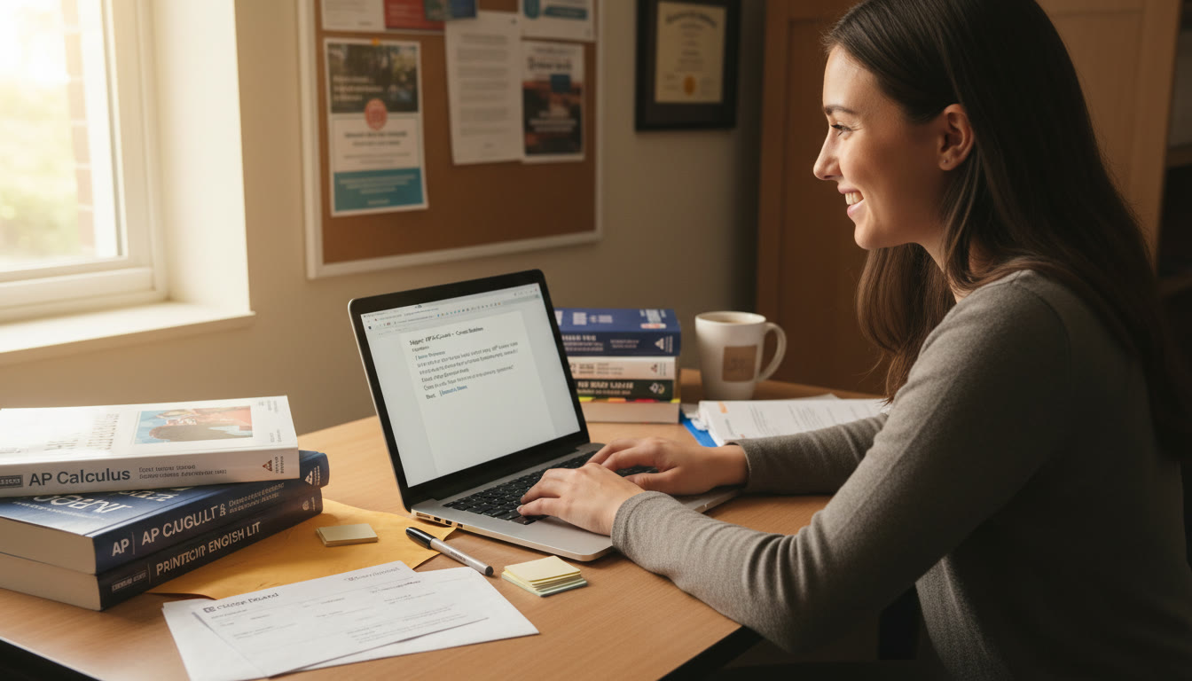 Photo Idea : A close-up shot of a student at a laptop writing a concise email to a department advisor with AP materials spread on the table—visualizes the practical next step after getting scores.