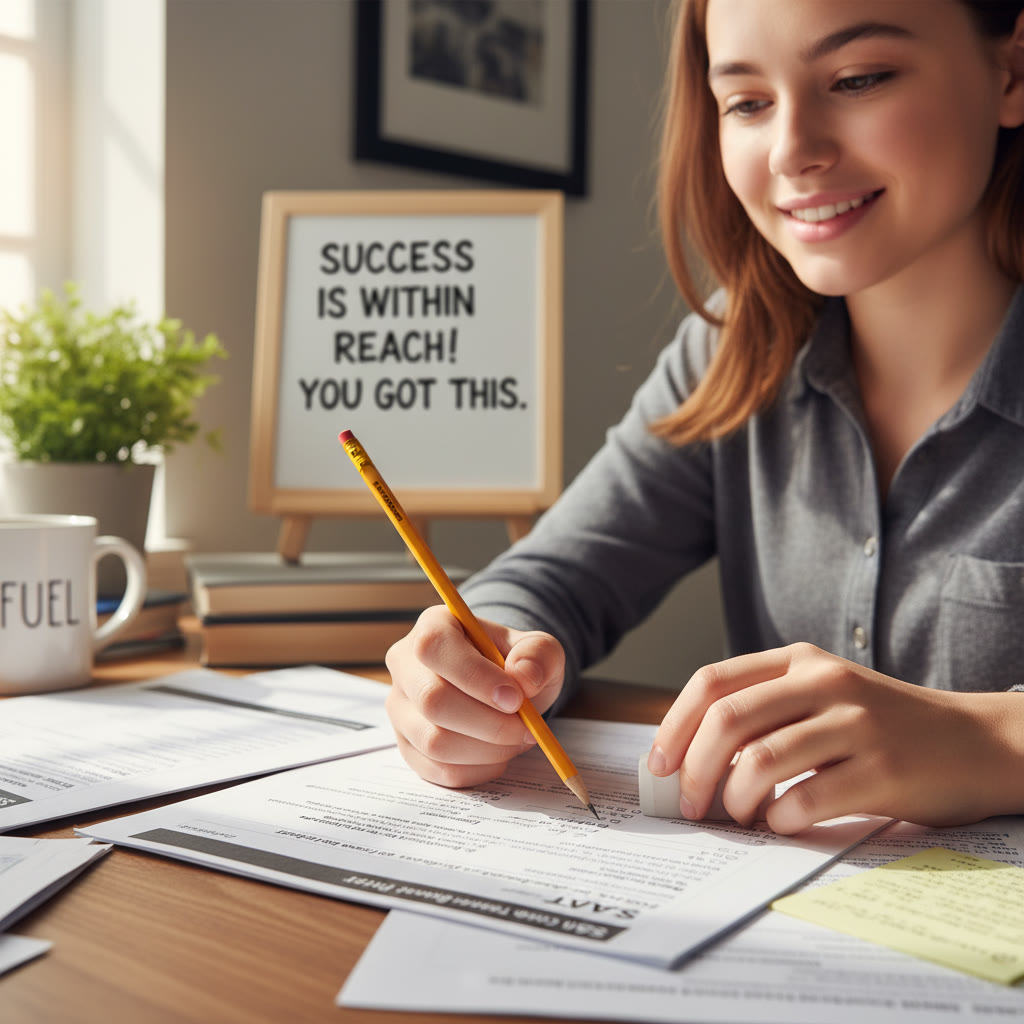 Student sitting at a desk with practice tests, looking thoughtful — close-up on hands holding a pencil and an eraser