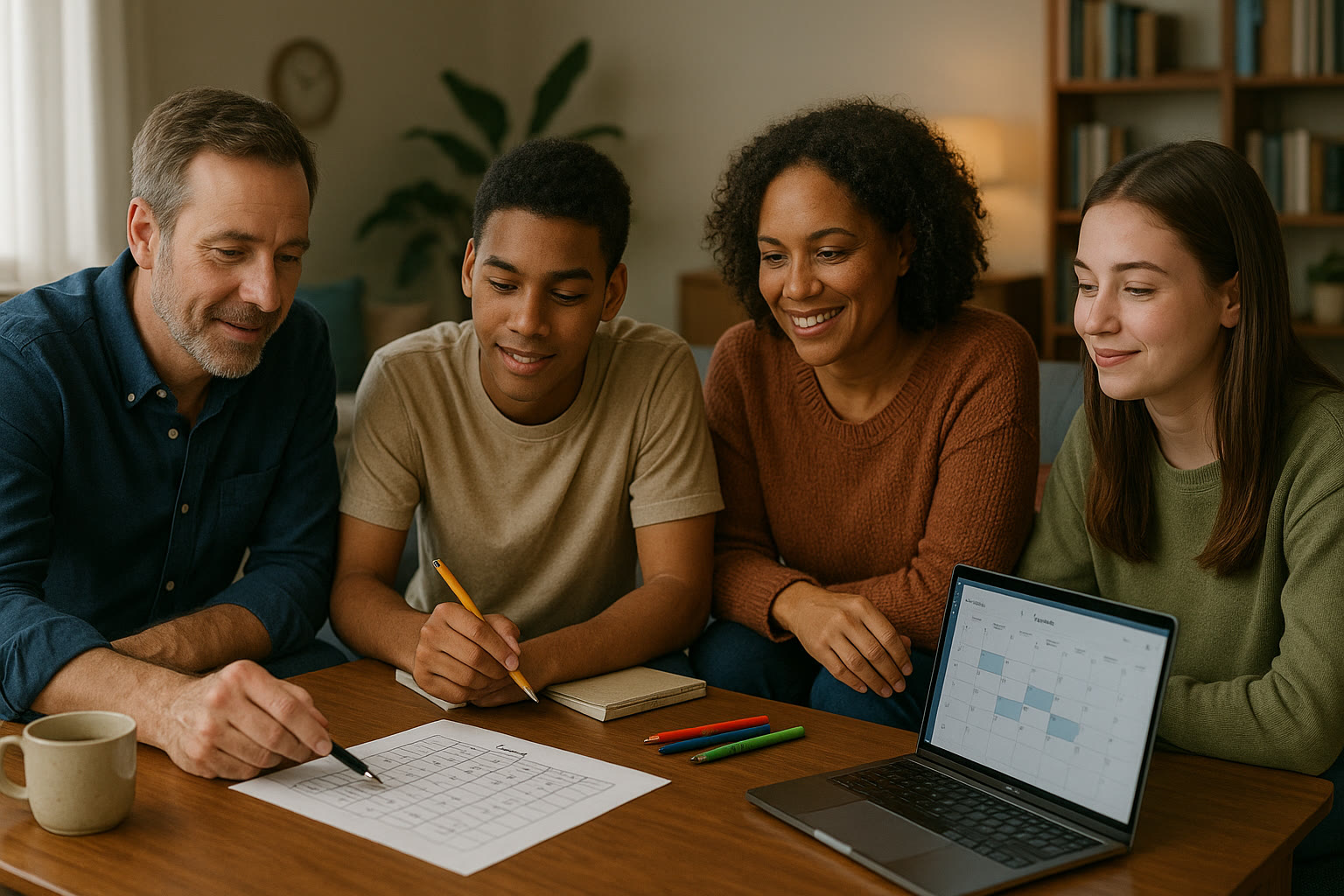 Photo Idea : A calm, supportive family meeting around a living room table where two teens and parents look over a shared study schedule with smiles and gentle discussion.