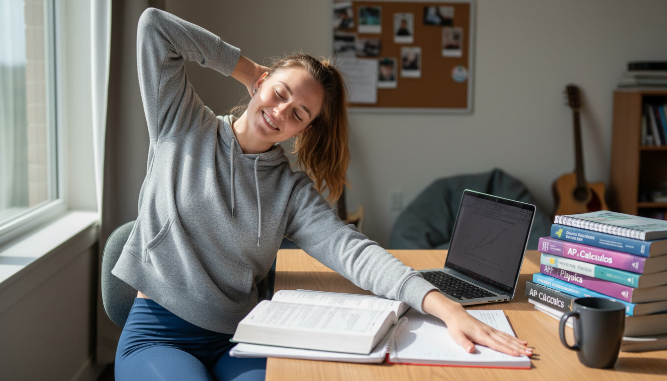 Photo Idea : A student at a study desk mid-stretch, one hand behind the head and the other reaching across the desk, laptop open and textbooks stacked nearby. Natural lighting, casual outfit—captures the ease of doing micro-stretches while studying.