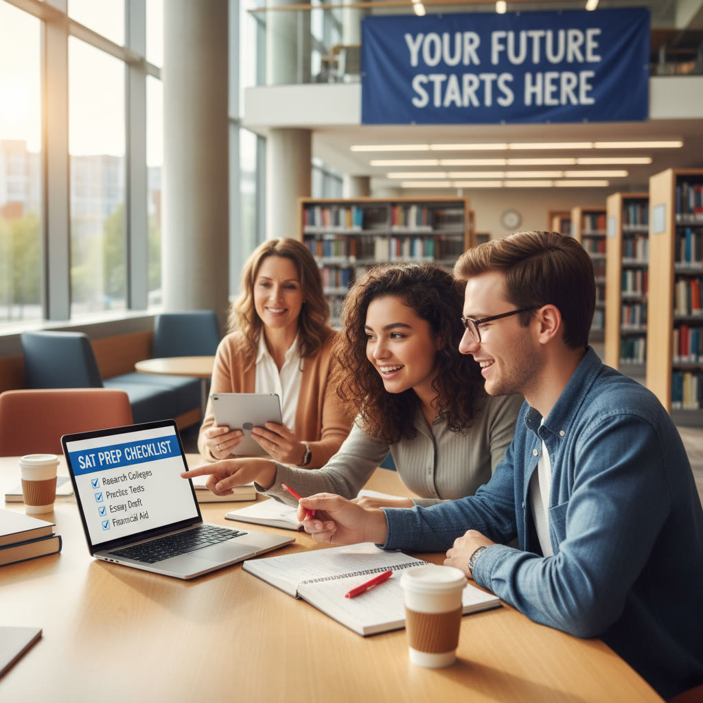 Photo Idea : Two students discussing a mock interview or personal statement in a bright library space, with one pointing to a laptop displaying an application checklist — showing collaborative preparation and parental support.