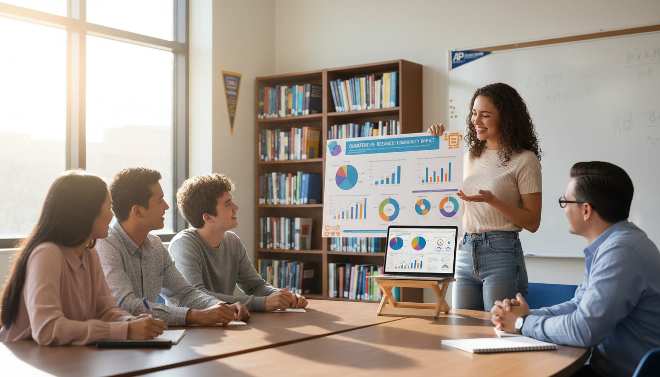 Photo Idea : A student presenting a colorful posterboard and laptop to a small group — captures public-facing impact and communication of quant work.