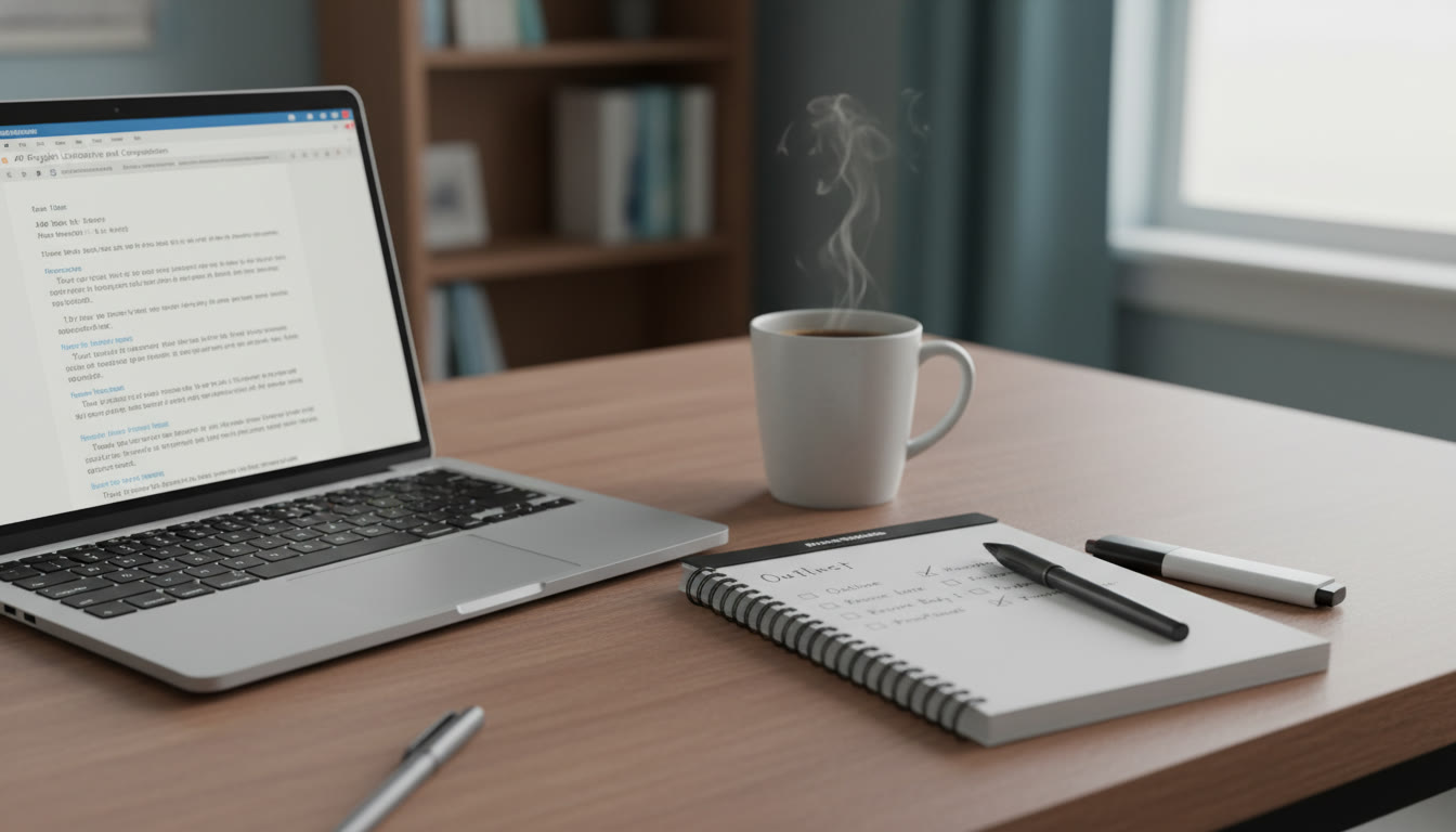 Photo Idea : A calm study scene — laptop open with an essay draft, a small notebook showing a checklist and a cup of coffee — signaling steady, intentional revision practice.