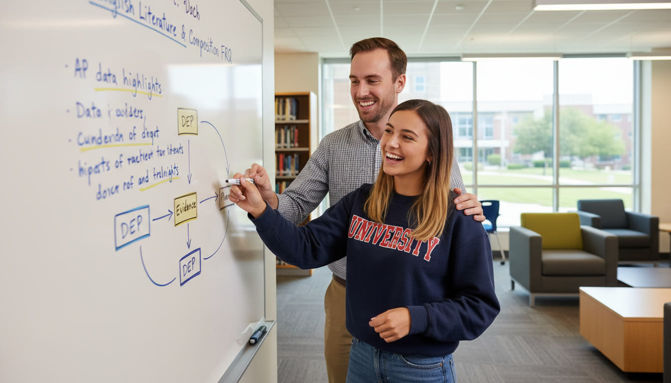 Photo Idea : A student and a tutor (friendly, supportive) at a whiteboard mapping an FRQ into DEP blocks — visualizing argument flow with arrows and data highlights.
