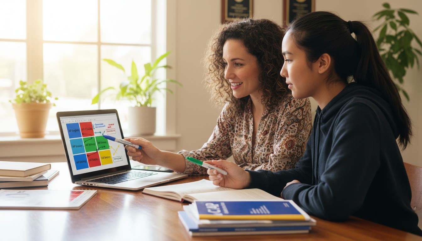 Photo Idea : A counselor and student looking at a laptop together, pointing at a digital course plan with colored markers—shows collaboration and planning, bright natural light.