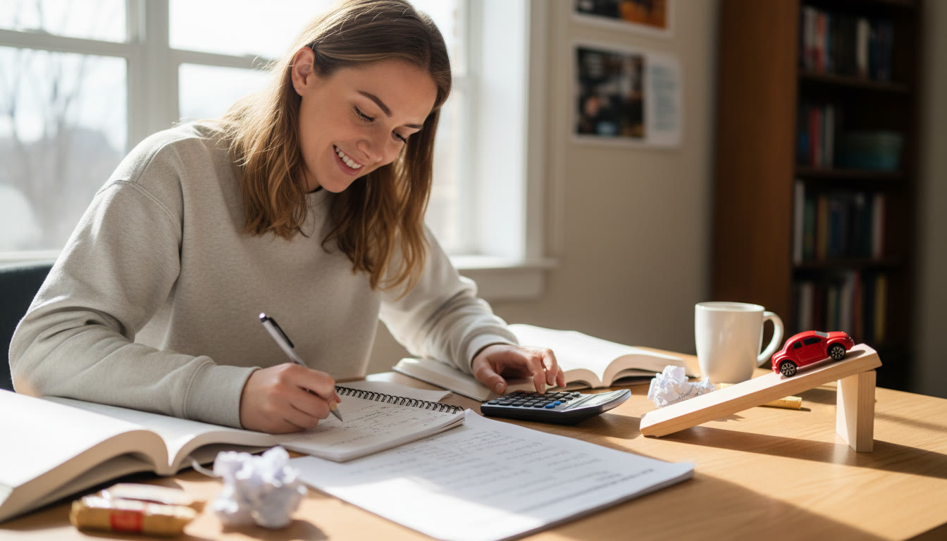 Photo Idea : A student at a desk, working through a physics problem with notebooks, a calculator, and a small toy car on a ramp. Natural light, focused expression — the image should convey quiet concentration and problem solving.