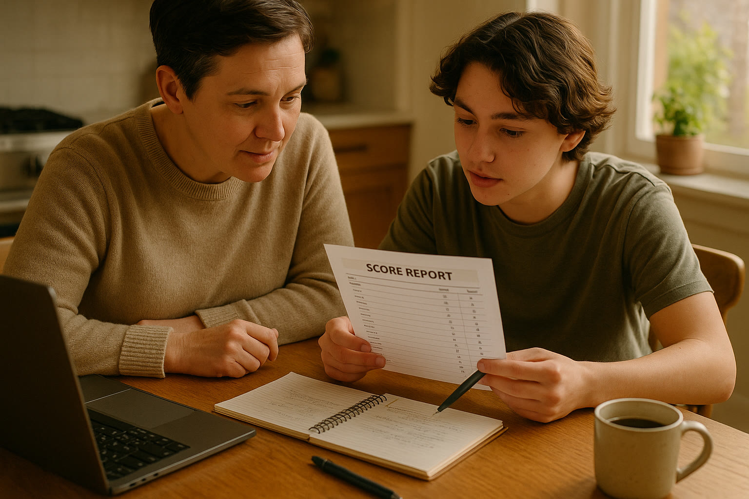 Photo Idea : A calm, realistic scene of a parent and teen reviewing a score report at a kitchen table with a laptop, notebooks, and a cup of coffee—natural light, warm tones, showing collaboration and planning.