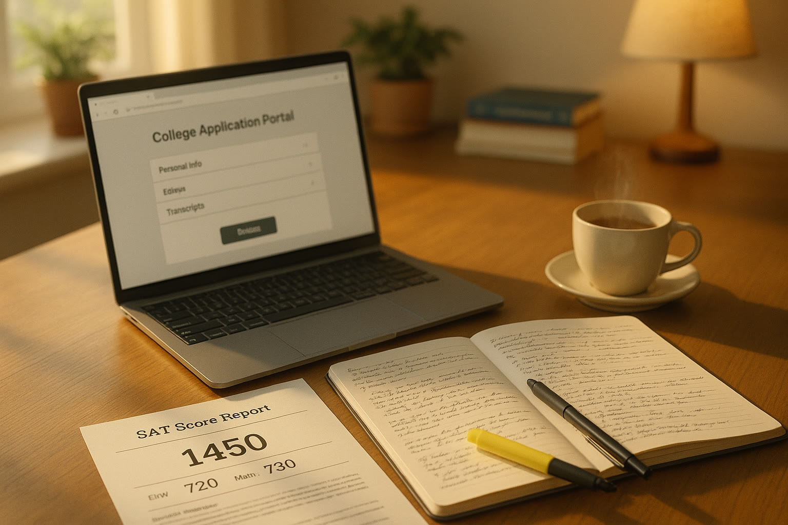 Photo Idea : A calm study desk with a laptop open to a college application portal, a printed SAT score report beside a notebook filled with study notes and a cup of tea — natural light, warm colors.