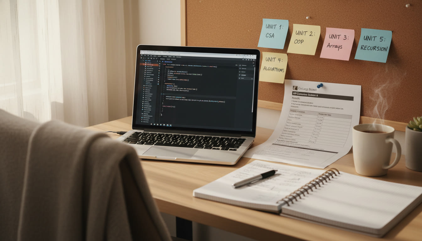 Photo Idea : A tidy study desk with a laptop open to code, sticky notes with unit topics, and a printed rubric beside a notebook—warm natural light, cozy student vibe.