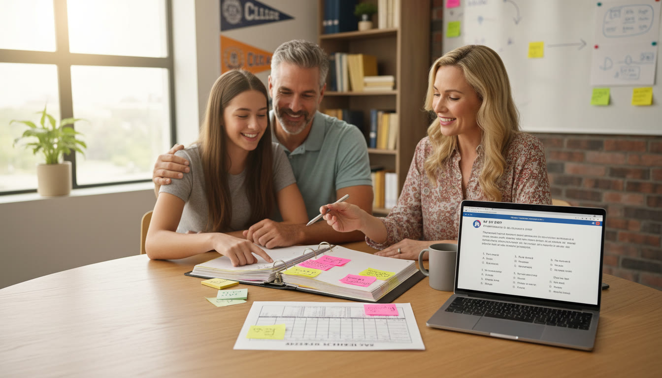 Photo Idea : A warm photo of a counselor reviewing a student s file with a parent lots of sticky notes, a printed schedule of AP exams, and a laptop showing a practice SAT question. This image should appear near the end to reinforce collaboration and planning.