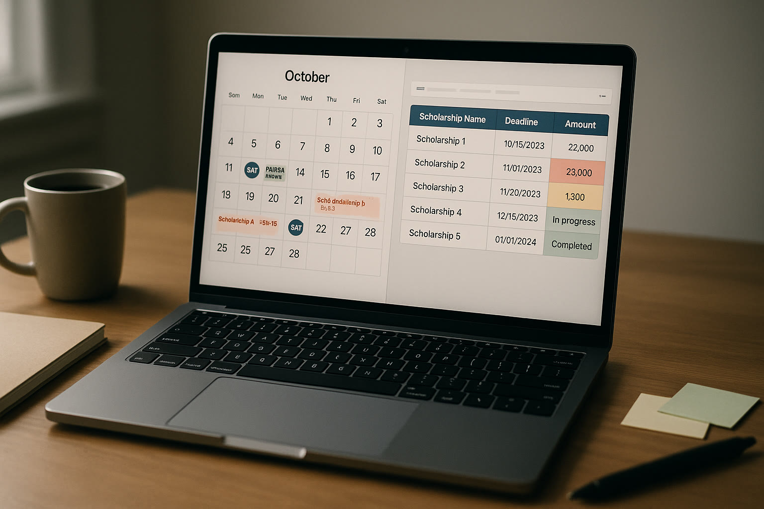 Photo Idea : A tidy calendar and spreadsheet on a laptop screen that highlight SAT test dates, FAFSA opening date, and scholarship deadlines — a practical visual for planning.