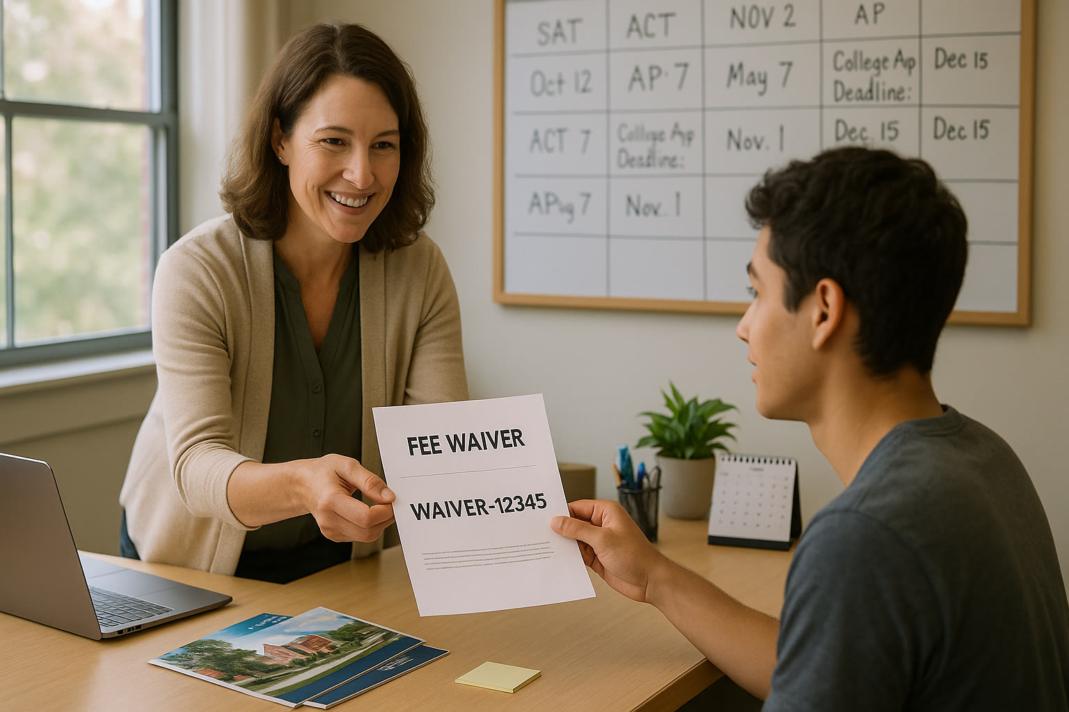 Photo Idea : A counselor or parent handing a paper fee waiver code to a student, with a visible calendar listing upcoming test dates and college application deadlines.