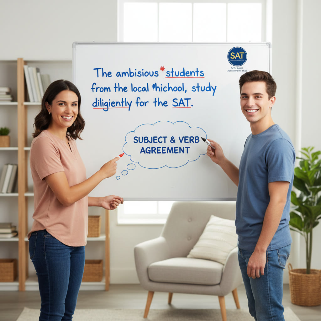 Photo idea: A tutor and student discussing a sentence on a whiteboard, pointing to underlined subjects and verbs — conveys one-on-one guidance and tailored feedback.
