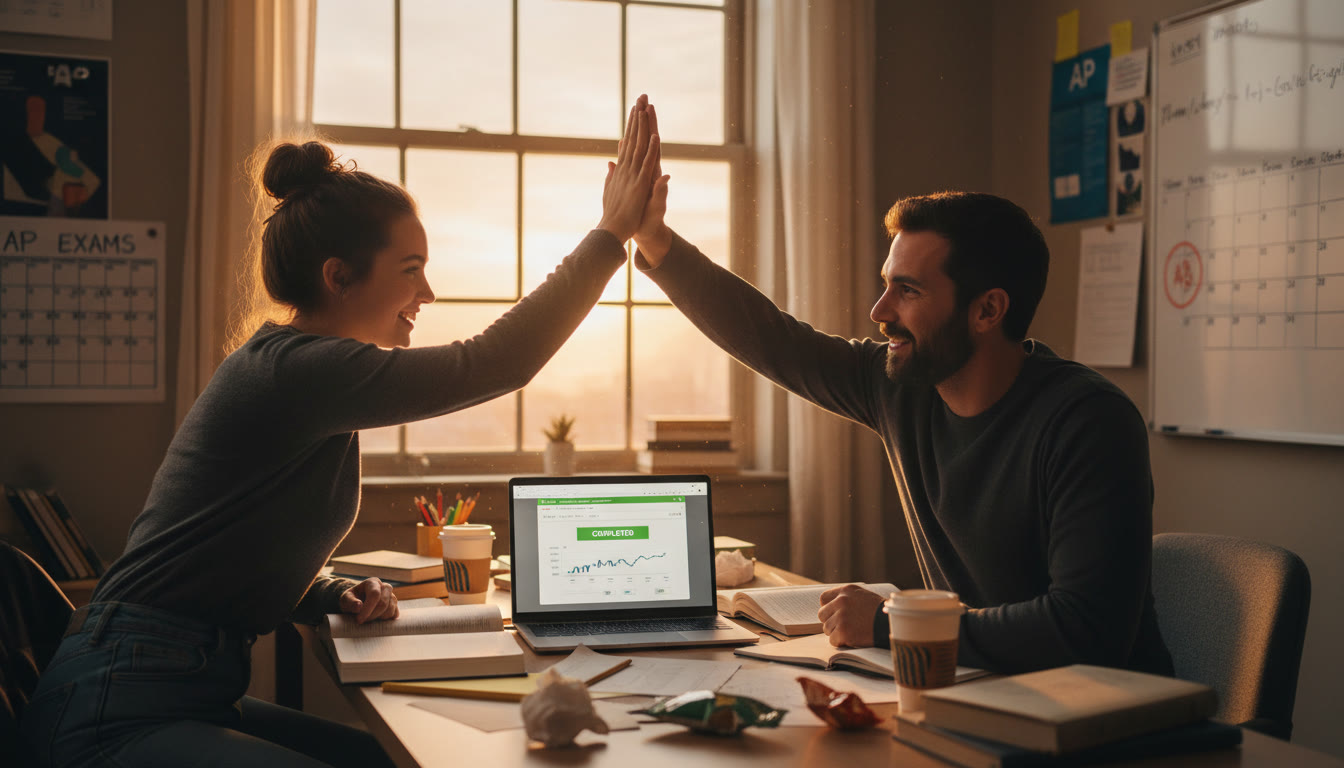 Photo Idea : A hopeful, action-shot of a student high-fiving their tutor over a laptop after reviewing a practice test visual evidence of small wins that fuel momentum during last-minute prep.