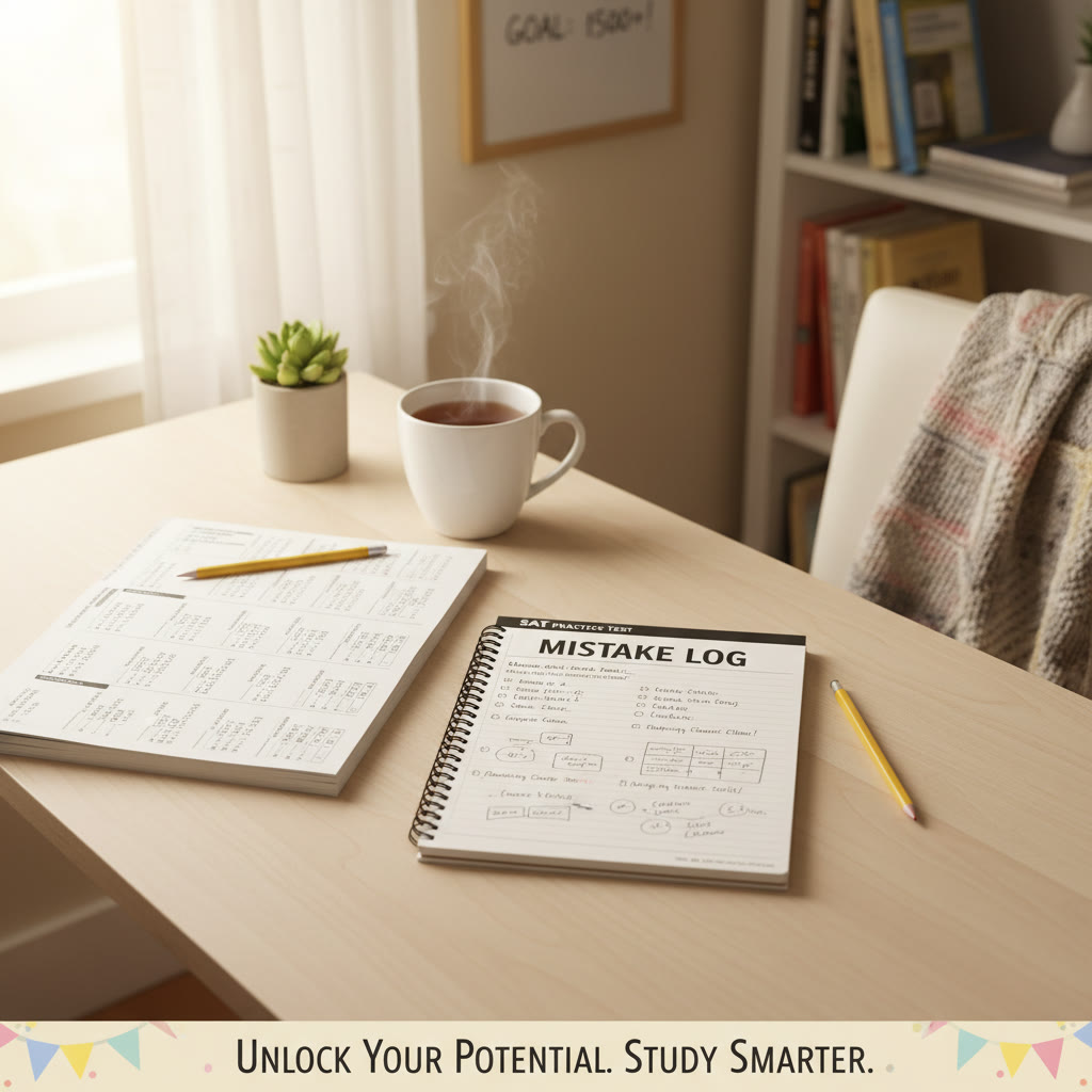 Study space image idea: a calm desk with a practice test, a mistake log notebook open, and a cup of tea — showing focused, sustainable studying.
