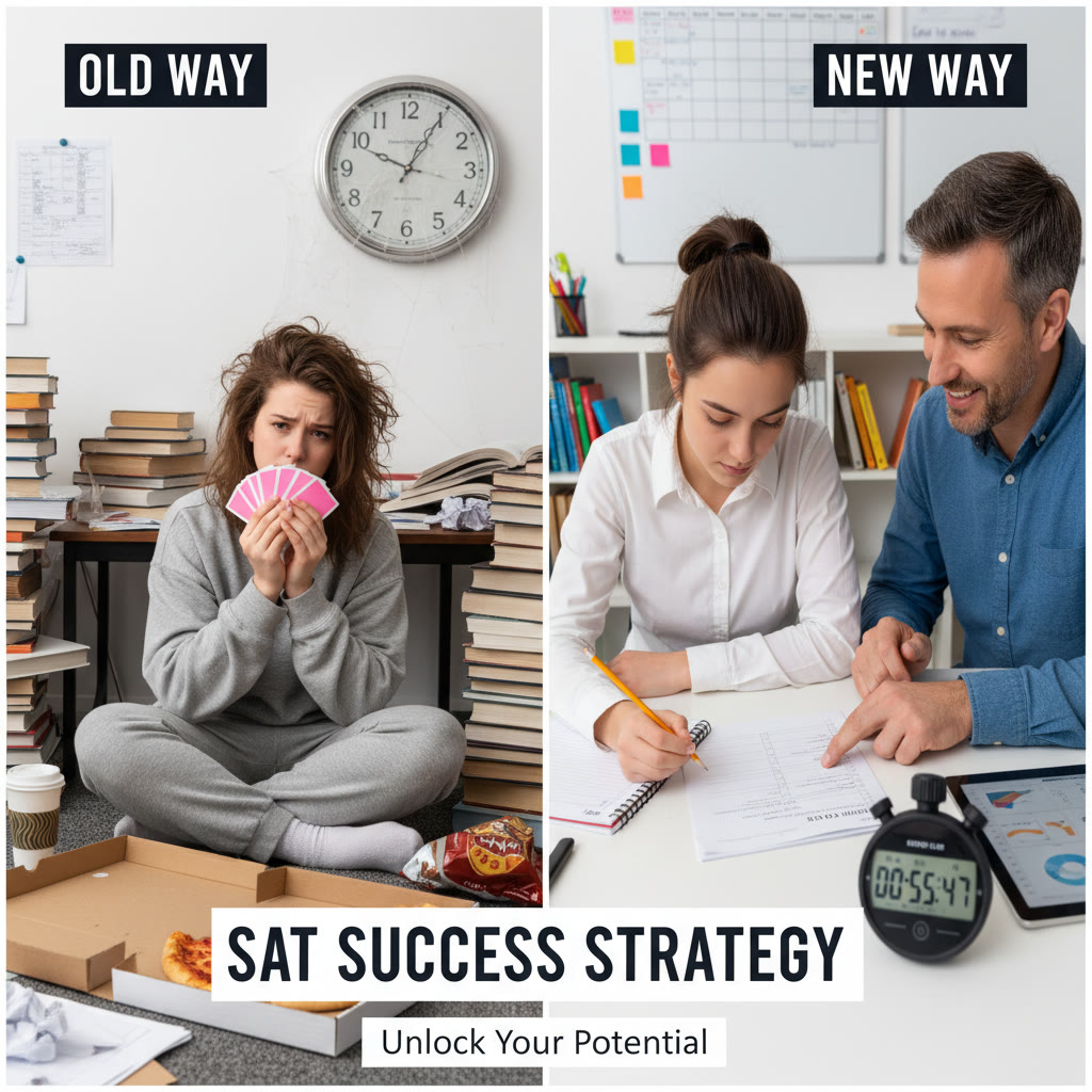 A split-screen illustration: left side shows a student memorizing flashcards in a messy room with a clock ignored; right side shows the same student doing focused timed drills with an error log, stopwatch, and a tutor giving feedback.