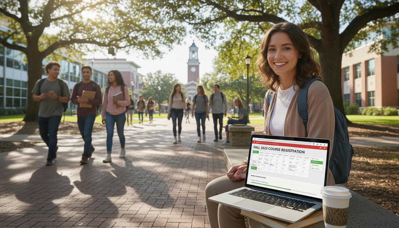 Photo Idea : A campus shot with students walking between classes and a focus on a student checking a laptop with a scheduling or advising page visible — suggests the transition from AP planning to campus registration and course choice.