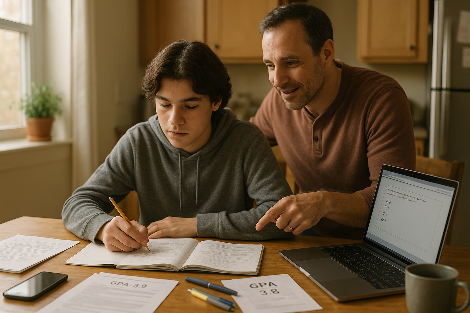 Photo Idea : A warm, candid shot of a teen studying at a kitchen table with a parent nearby, a laptop open to an SAT practice question, notebooks and a GPA report card visible. Natural light, relaxed atmosphere.