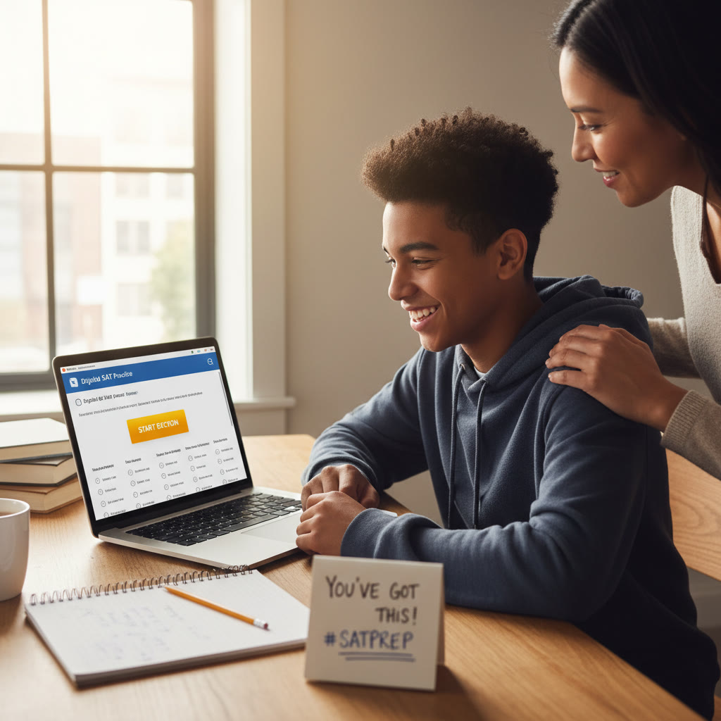 Photo Idea : A candid photo of a high school student at a desk, Digital SAT practice window open on a laptop, with a notebook and a parent looking on supportively.