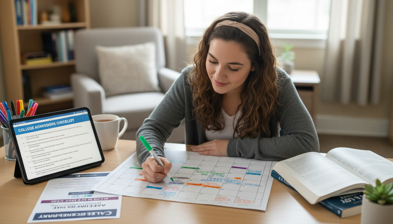 Photo Idea : A focused student at a desk, planning a study calendar with colored markers and an admissions checklist nearby   conveys strategy and calm decision-making in test prep.