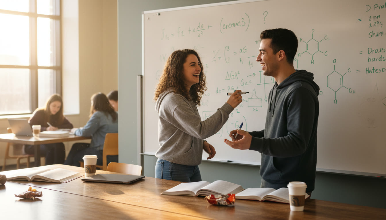 Photo Idea : A candid portrait of two students discussing a whiteboard filled with equations and diagrams—captures collaboration, feedback, and the social element of learning.