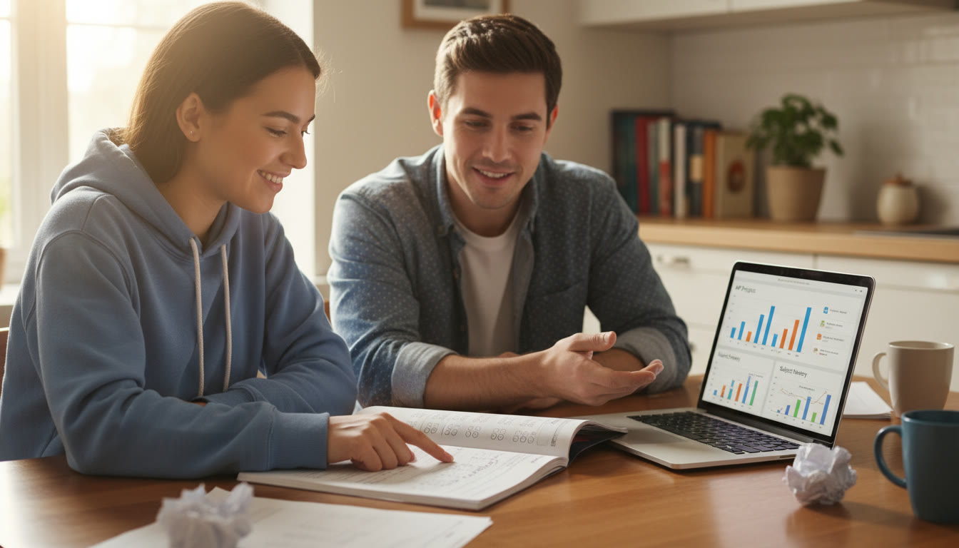 Photo Idea : A close-up of a student and a tutor reviewing an AP practice exam together at a kitchen table with a laptop showing progress graphs — suggests personalized tutoring and focused preparation.