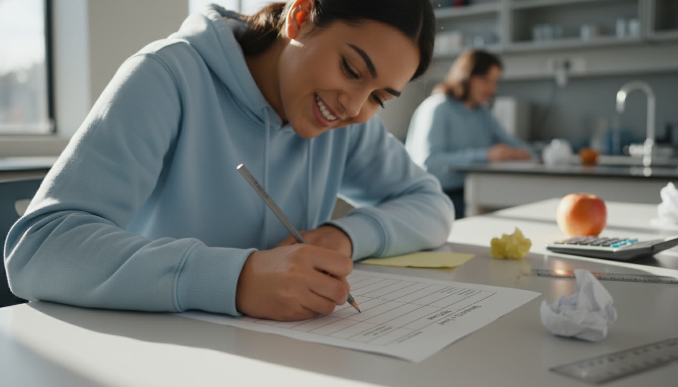 Photo Idea : A clean laboratory table printed on paper and a student filling it in with a pencil — shows columns for Variable, Unit, Raw Data, Mean ± Uncertainty. Bright, natural lighting and focus on the table, not faces.