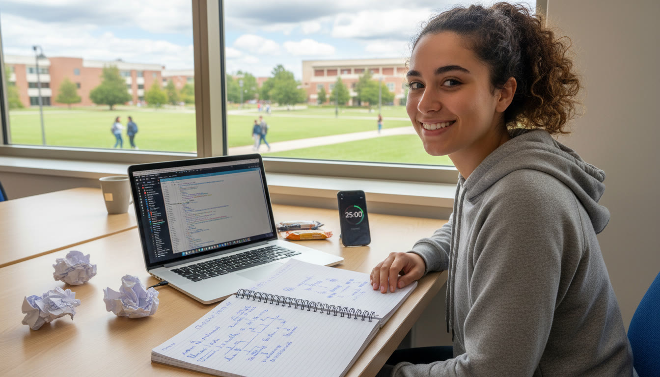 Photo Idea : A student at a desk with a laptop, handwritten pseudocode on paper, and a timer app visible — evokes focused practice and time management for AP FRQs.
