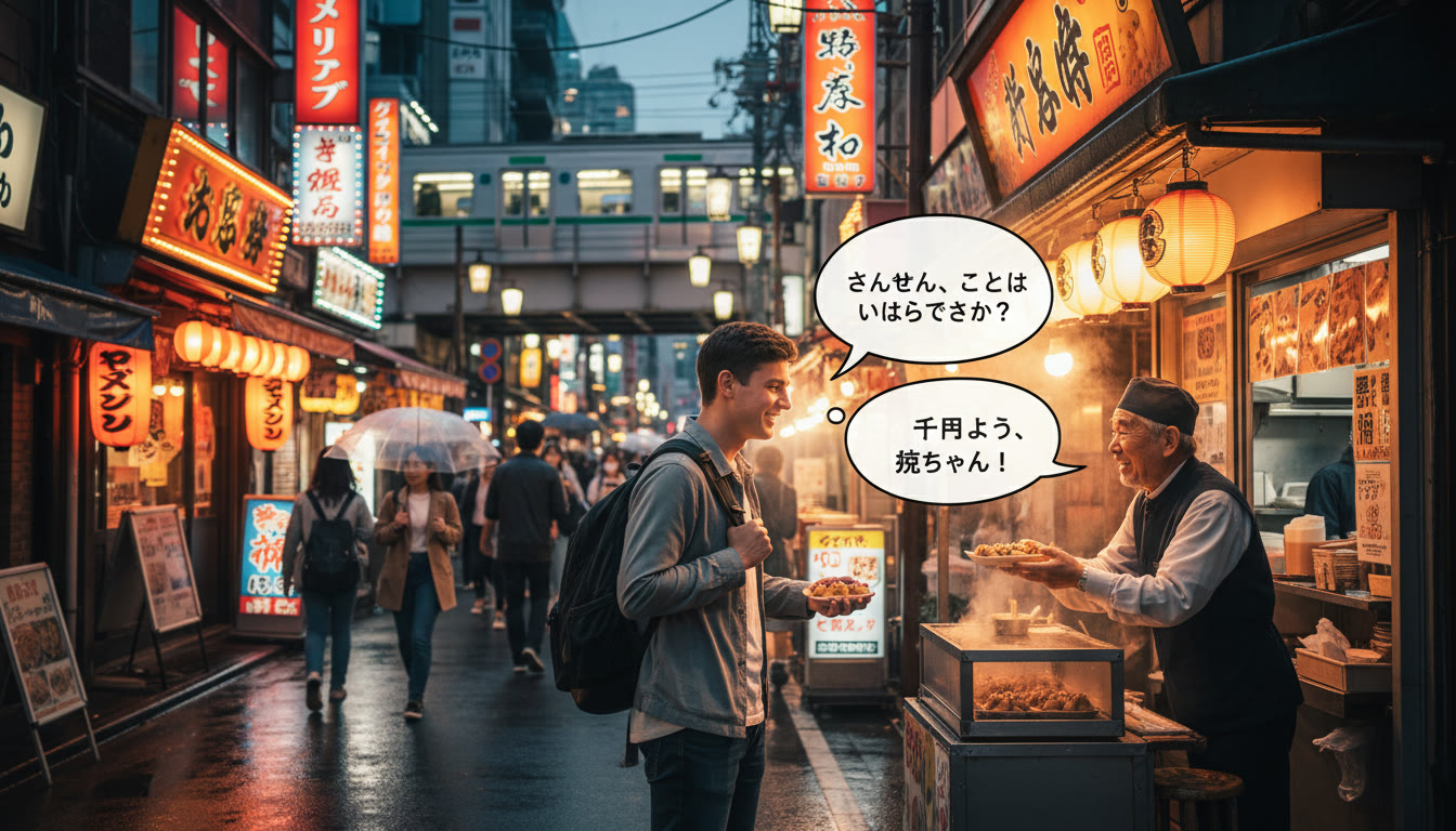 Photo Idea : A lively evening shot of an Osaka street scene with glowing signage and a student practicing conversational Japanese with a local vendor—shows language in motion and urban energy.