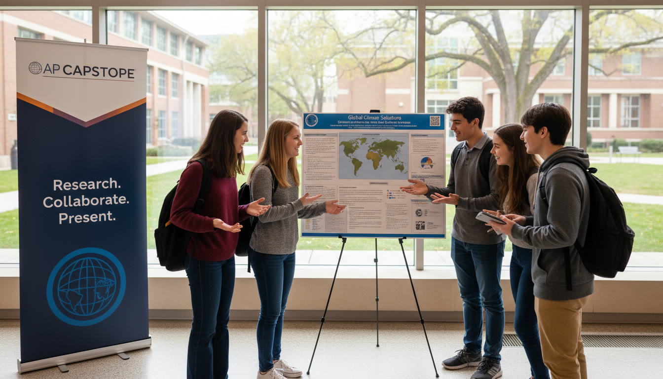 Photo Idea : A diverse group of high school students discussing a research poster in a bright, campus-like space—conveys collaboration, inquiry, and global curiosity. Place near the AP Capstone section to visually reinforce research and teamwork.