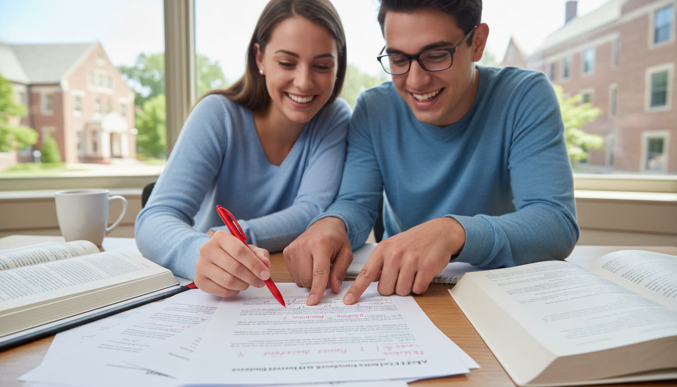 Photo Idea : A close-up of a tutor and a student reviewing a printed FRQ essay together, pointing to a paragraph—this emphasizes personalized feedback and guided improvement.
