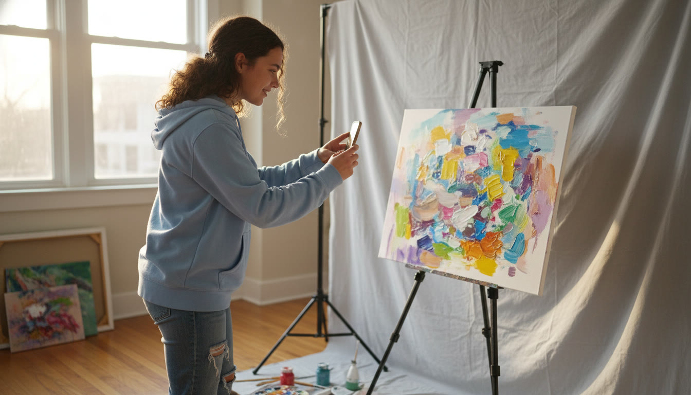 Photo Idea : A warm, candid photo of a high school student photographing their artwork with a smartphone on a simple backdrop, natural light streaming through a window — shows process and focus.