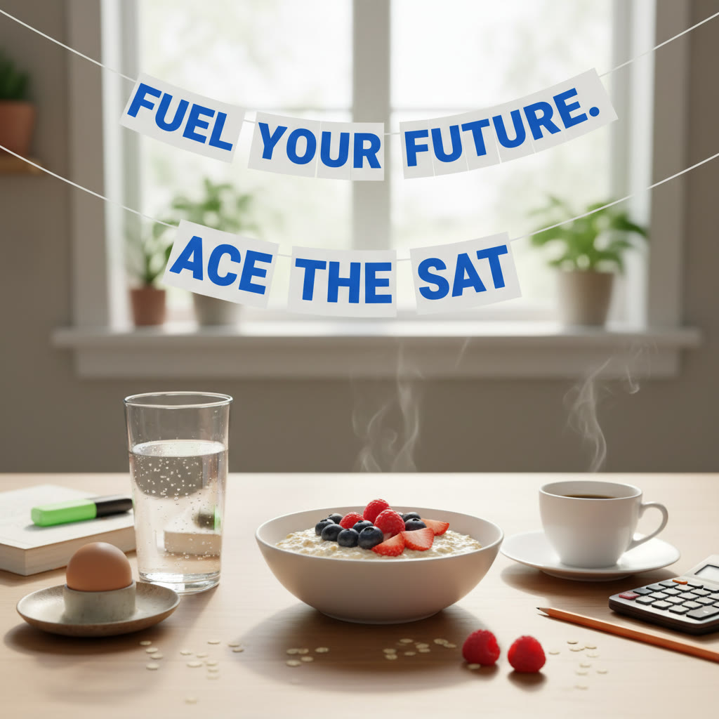 Photo idea: A student-friendly breakfast spread on a kitchen table — oatmeal with berries, a boiled egg, a glass of water, and a small coffee cup; bright, natural light to convey calm readiness.