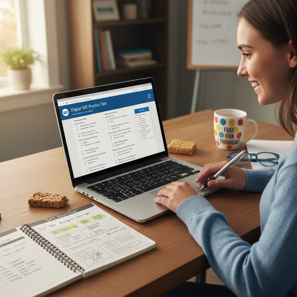 Photo Idea : Close-up of a student using a laptop for a Digital SAT practice test, with a notebook of error logs and a tutor’s notes beside them—conveys focused study and personalized coaching.