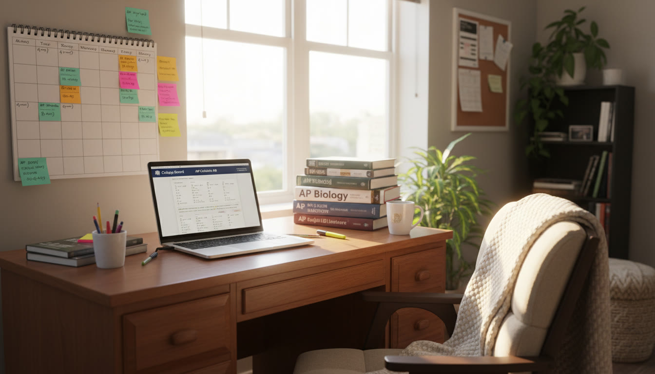 Photo Idea : A bright study nook with a laptop open to practice problems, textbooks stacked, and a calendar with study blocks — evokes focused self-study atmosphere.