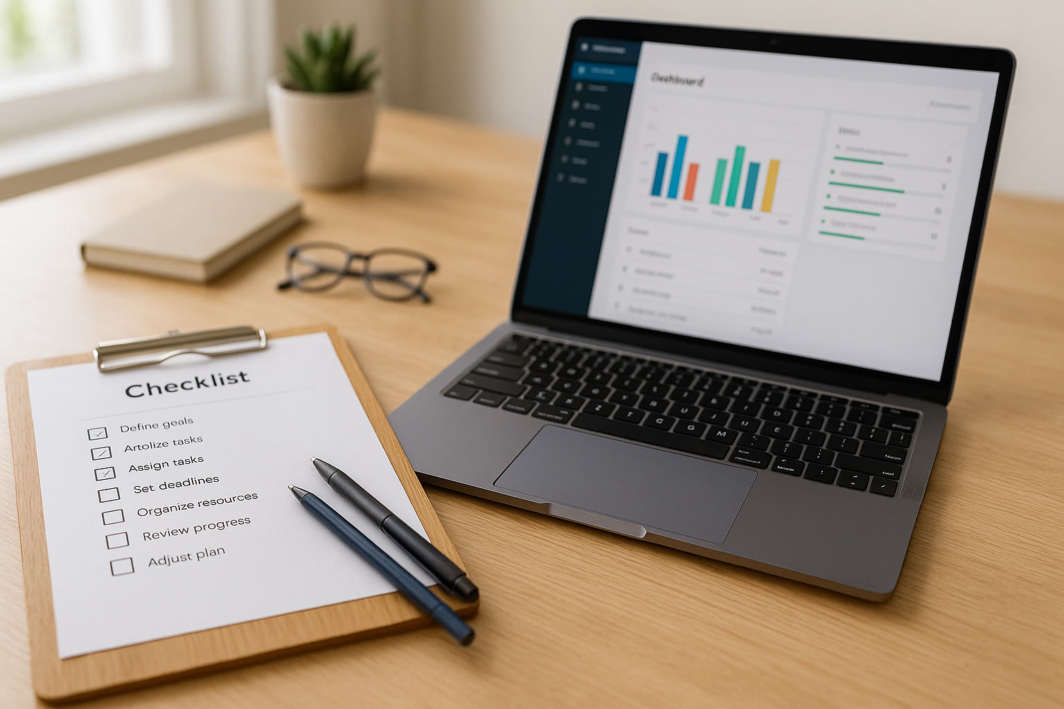 Photo Idea : A one-page checklist printed out on a clipboard with pens, next to a laptop showing an application dashboard. Bright, organized workspace illustrating planning.