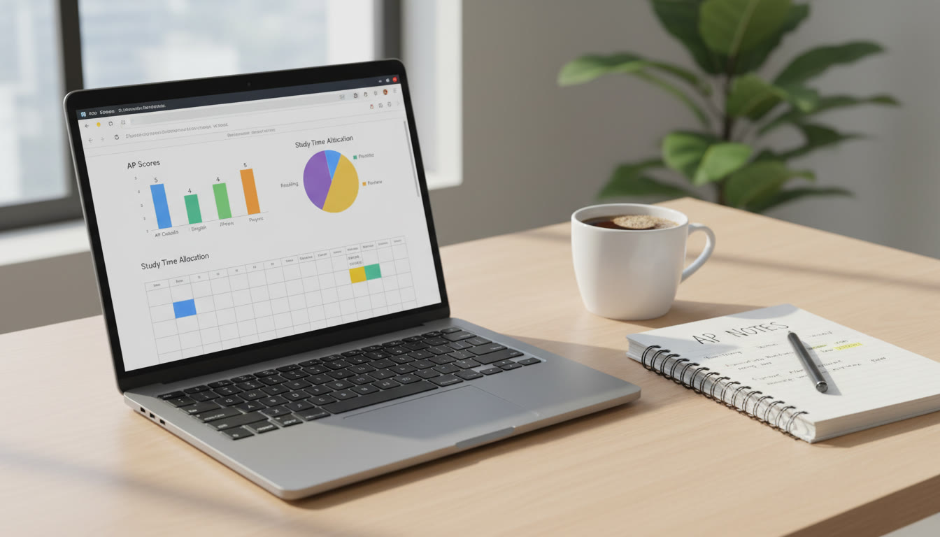 Photo Idea : A clean, modern workspace with a laptop open to a colorful Google Sheets dashboard showing charts and a calendar. Natural light, notebook, and a cup of coffee nearby to suggest focused, comfortable studying.