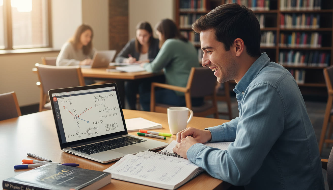 Photo Idea : A student solving a calculus-based mechanics problem on a laptop with annotated equations and a notebook beside them. The photo should suggest focused study and the integration of math and physics.