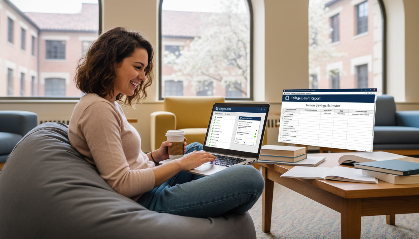 Photo Idea : A student on a laptop reviewing a college degree audit while comparing it to an AP score report and a spreadsheet showing potential tuition savings—visualizes the decision-making and planning stage near the article’s conclusion.