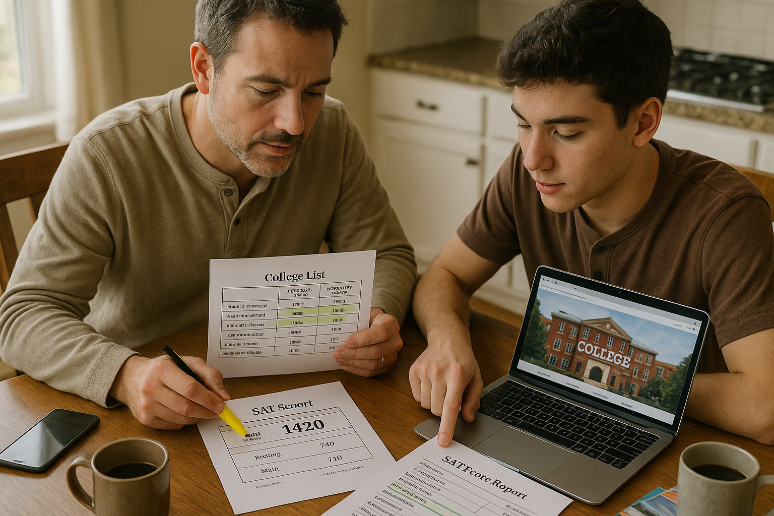 Photo Idea : A parent and student reviewing a college list and SAT score report together, highlighting colleges where the student's scores meet scholarship cutoffs.