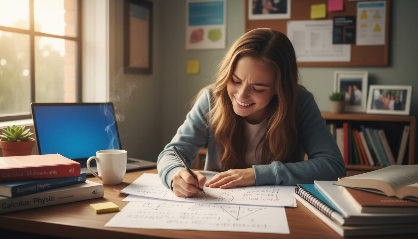 Photo Idea : A high-school student at a desk covered with textbooks and a laptop, smiling while solving a multivariable calculus problem on paper — natural light, cozy study space to convey focused, joyful learning.