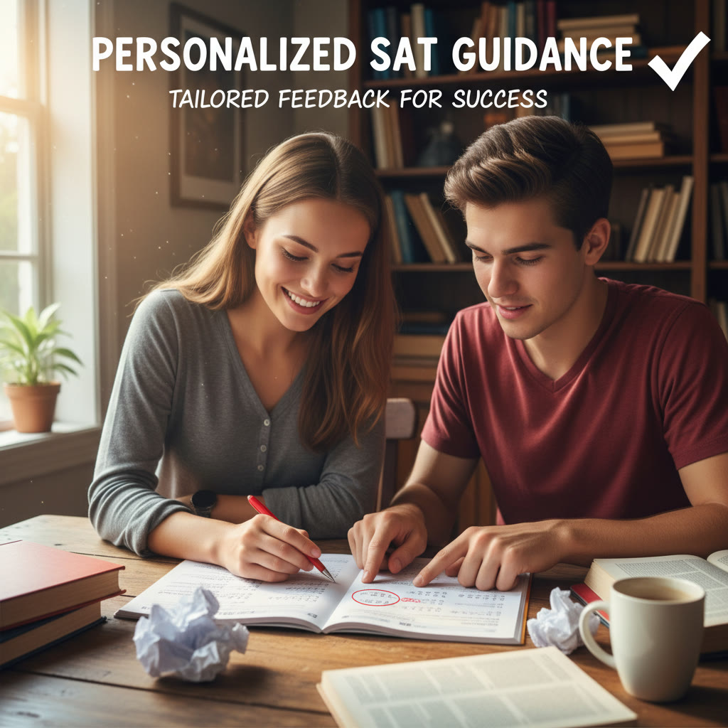 Photo idea: A tutor and student at a table looking over a practice test together, pointing at errors on the page — a visual for personalized guidance and tailored feedback.