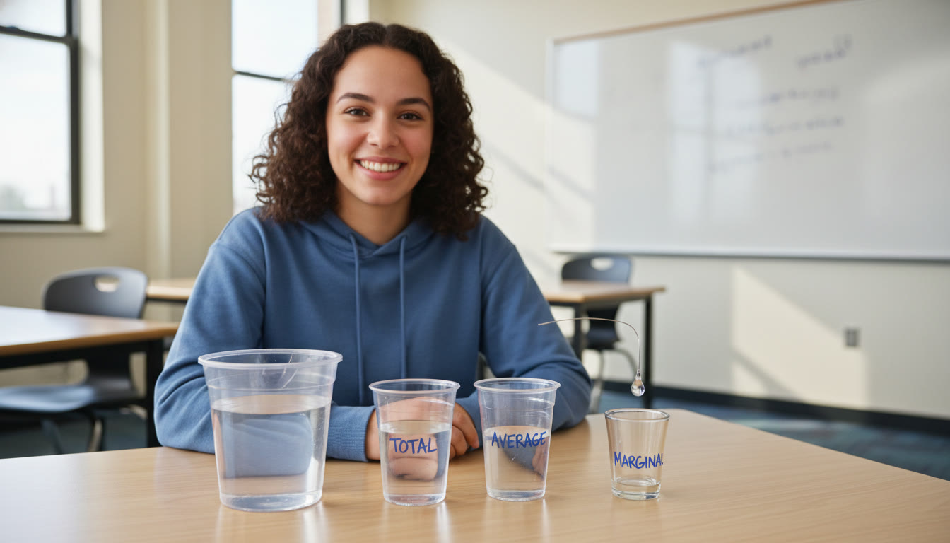 Photo Idea : A clear photo of a student at a desk with a small bucket and cups labeled 